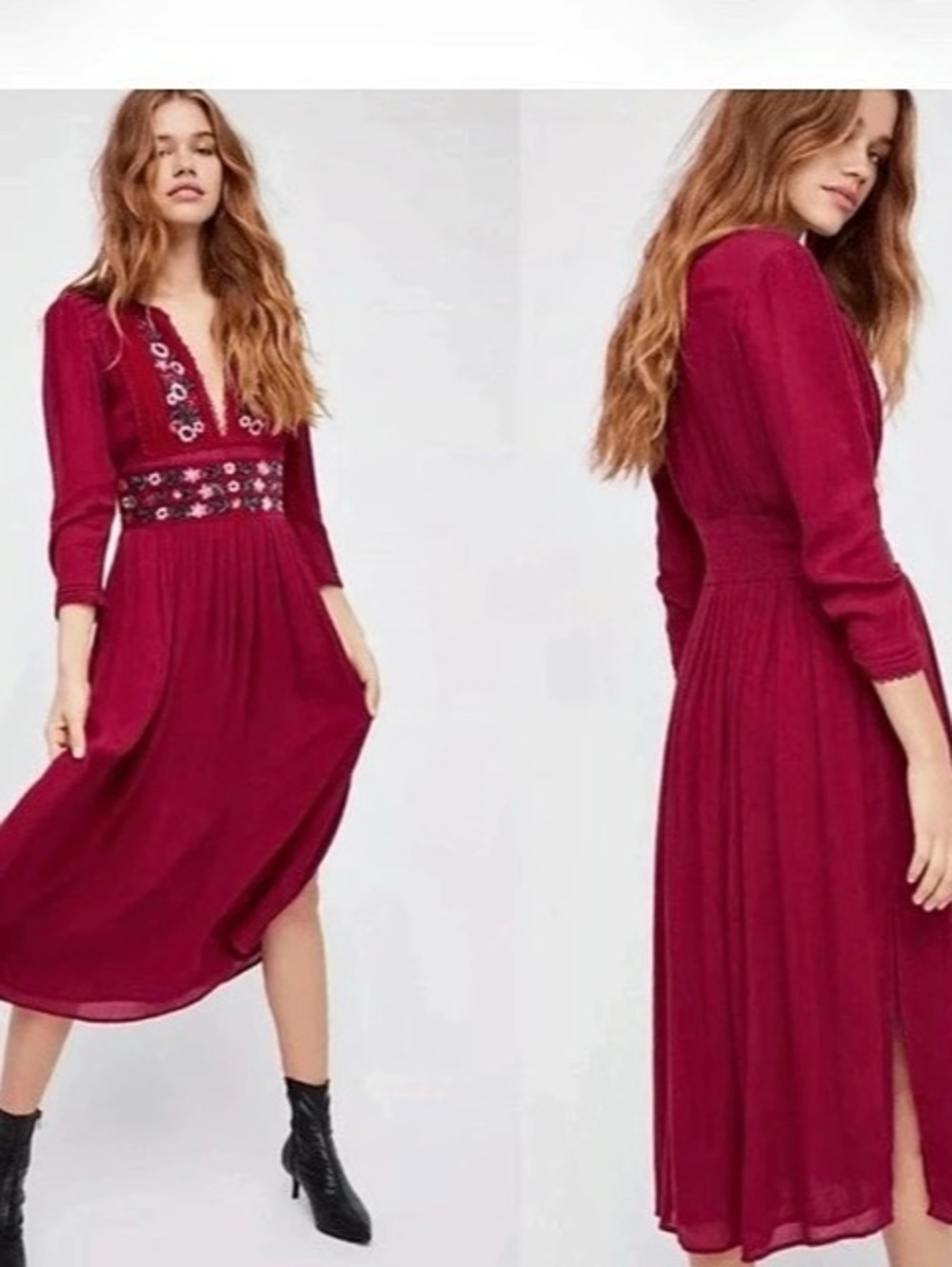 Free People Flora Midi Dress Floral Embroidered Pink XS